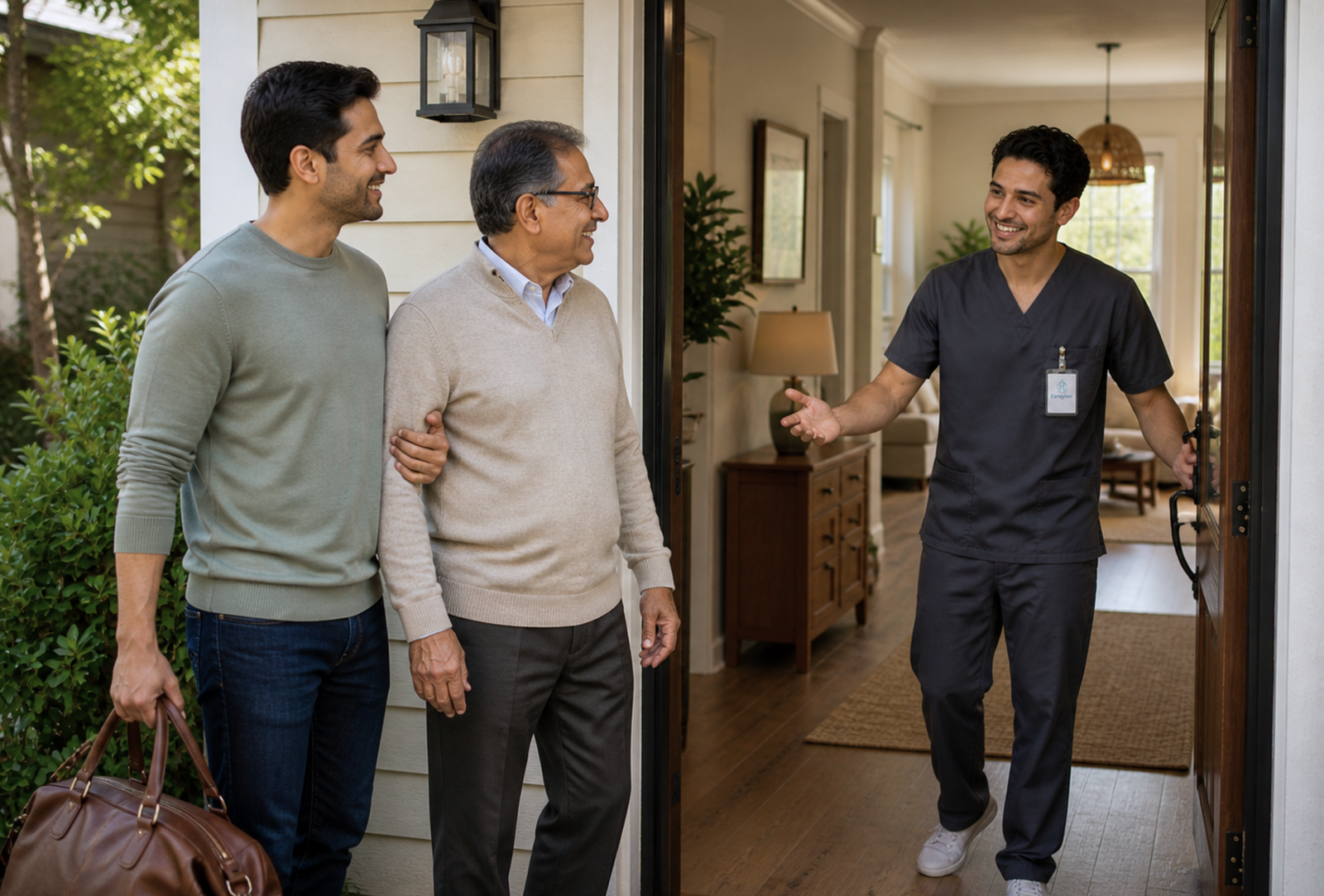 Host welcoming an adult respite guest and family member