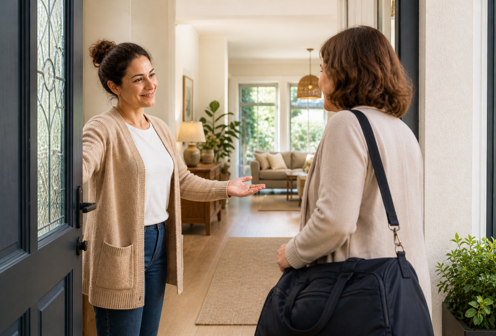 Host welcoming an adult guest into a comfortable home